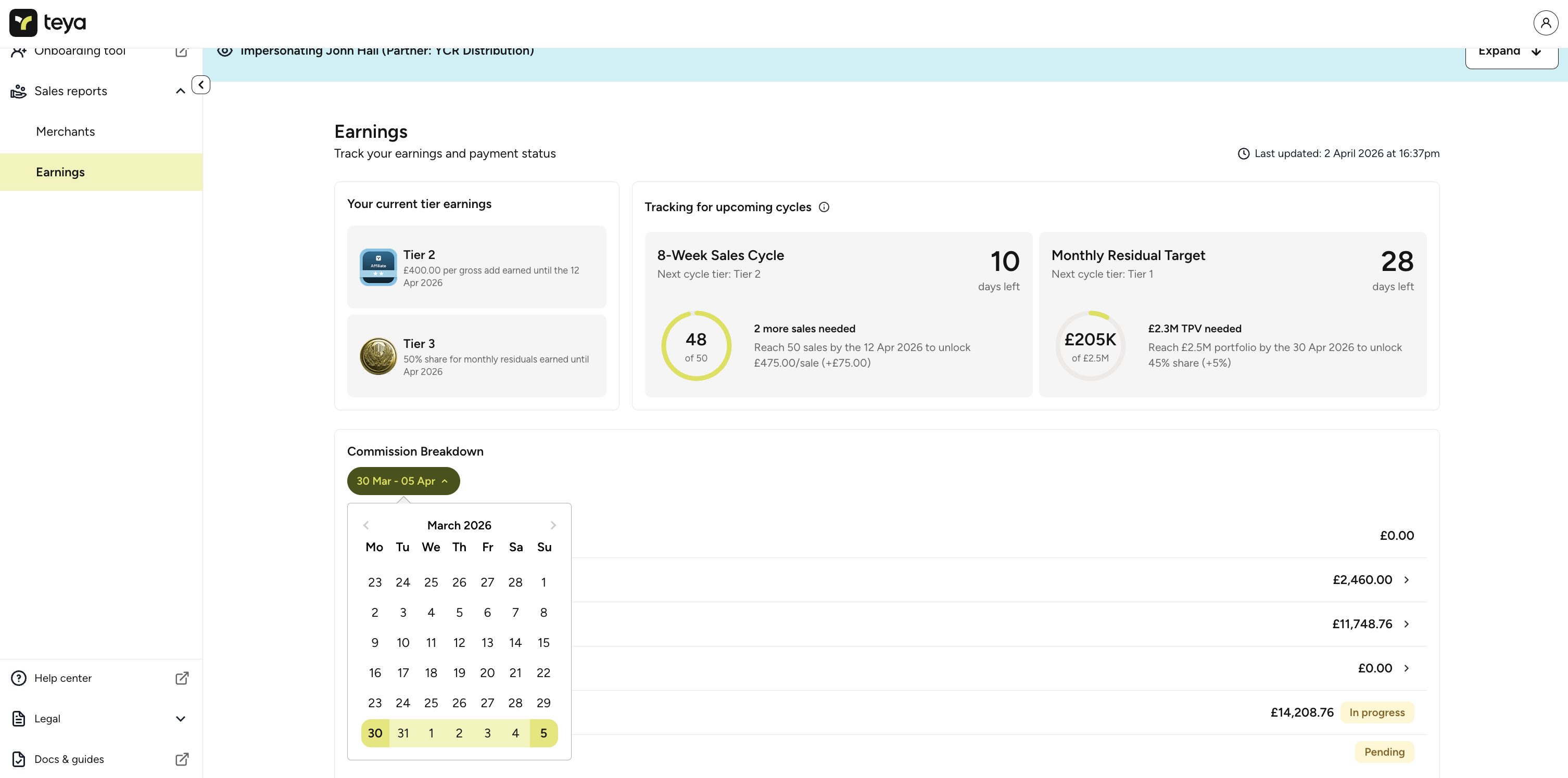 Commission breakdown - weekly payment detail with status labels